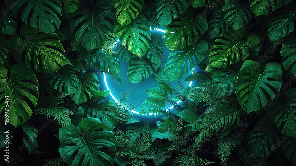 Fototapeta premium Botanical Backdrop of Lush Greenery with Vibrant Neon Circle Illuminating Dense Tropical Foliage