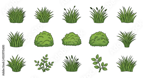 Garden and Landscaping Plant Icons — Grass Clumps, Shrubs, Foliage Sprigs and Decorative Greenery Vector Set