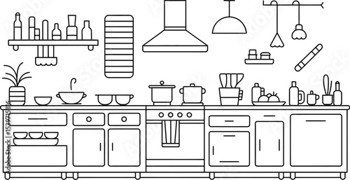 Line drawing of a kitchen interior with cabinets appliances and various kitchenware items on the counter