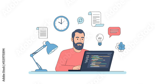 Developer at Workspace – Programmer Coding on Laptop with Ideas, Chat, and Productivity Elements