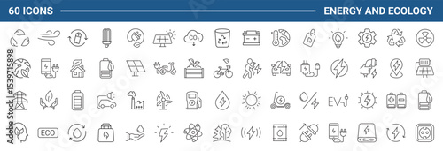 Green energy set of web icons in line style. Ecology icons for web and mobile app. Solar panel, recycle, eco, green electricity, nature, bio, power, water, power and more. Editable stroke