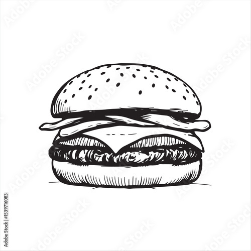 A classic black and white vector style silhouette of a burger, hand-drawn sketch with rough textured pencil strokes on a white background.  Timeless and elegant design.eps