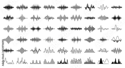 Audio waveforms collection — sound waves and voice waveform spectrum icons set in grayscale