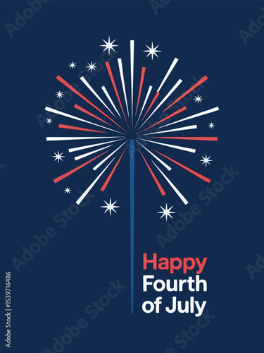 happy fourth of july fireworks celebration with patriotic red, white, and blue starburst design on dark background for independence day