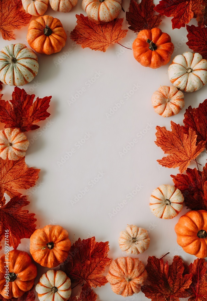 Autumnal frame of pumpkins and fall leaves on white background Autumnal frame of pumpkins and fall leaves on white background