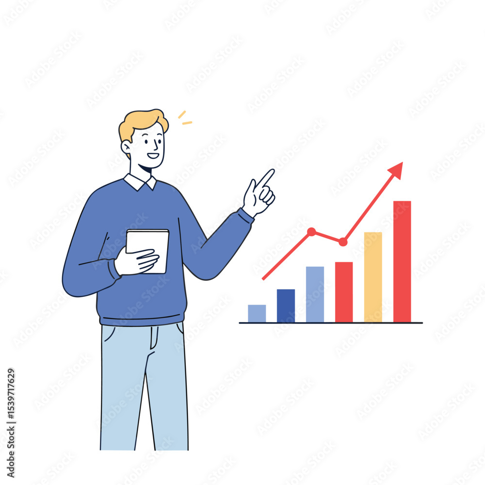 Fototapeta premium Man Presenting Business Growth Chart with Tablet, Financial Data and Market Analysis. Hand drawn style vector design illustrations.