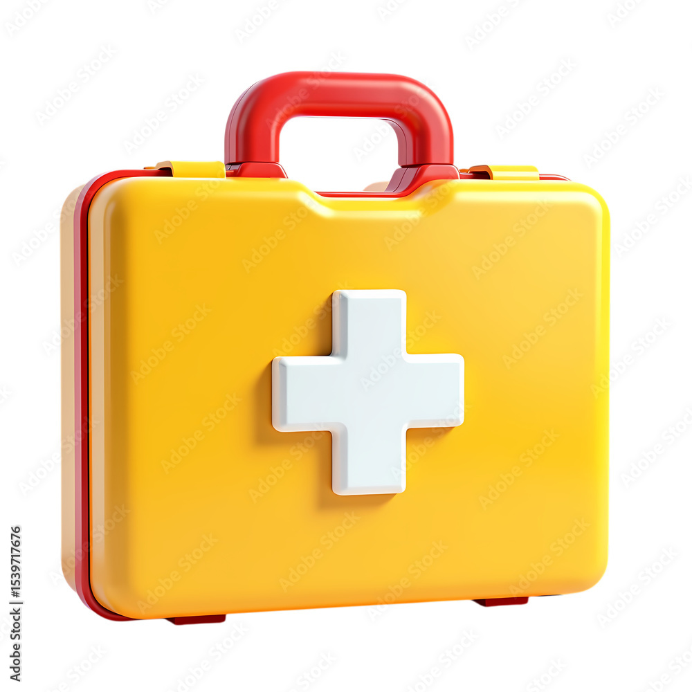 Obraz premium A yellow first aid kit with a red handle and a white cross isolated on transparent background