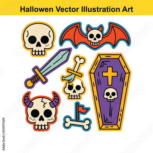 Halloween vector illustration art with skulls bats swords and coffins