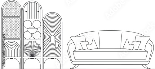 A line drawing of a three panel screen next to a couch with pillows in a minimalist style room