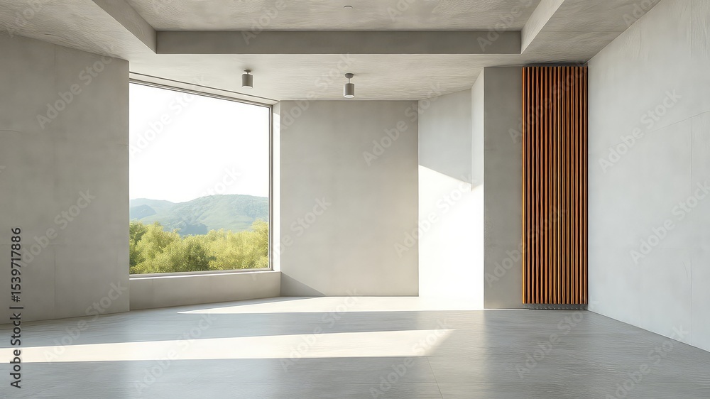 Fototapeta premium Minimalist building interior with ample natural light, modern design elements, and serene view of green hills and foliage.
