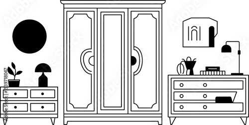 A line drawing of a bedroom set with a wardrobe dressers and a lamp and a plant and wall decor