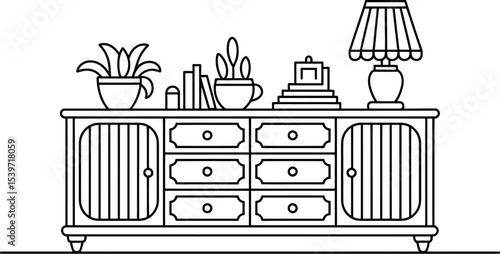 Outline drawing of a sideboard with decorations including plants books and a lamp on a white background