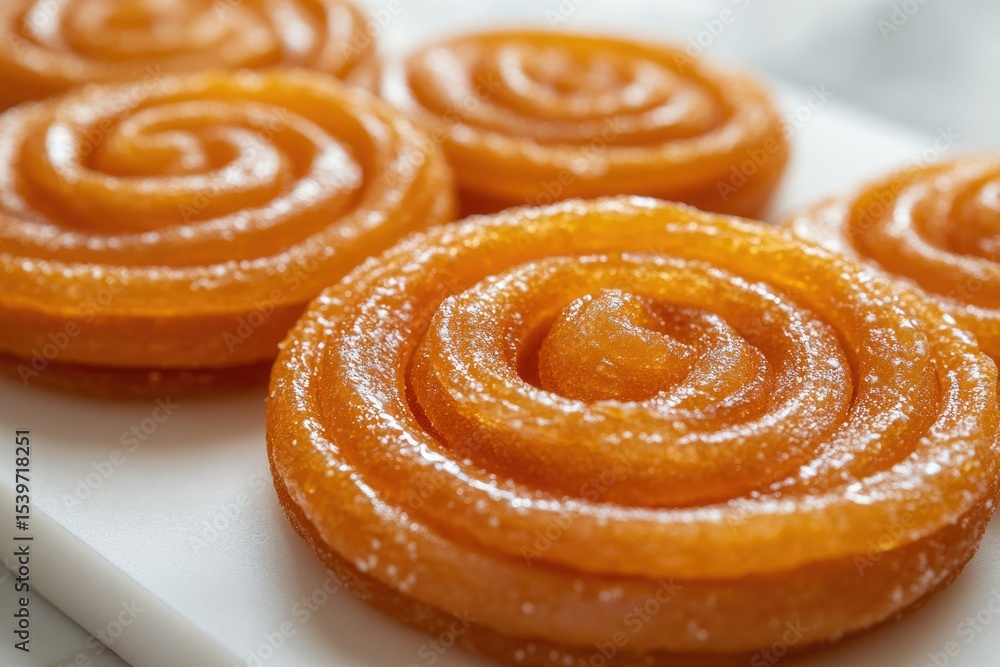 Fototapeta premium Sweet, golden, spiral-shaped Jalebi pastries arranged on a white surface.