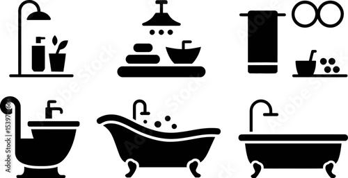 Collection of bathroom icons featuring bathtubs showers towels and other bathroom related elements