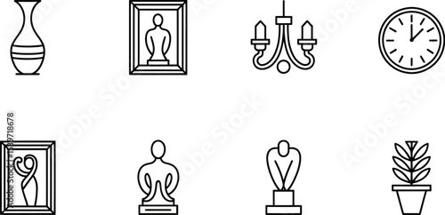 Line art icons depicting a vase, framed art, chandelier, clock, and sculptures on a white background