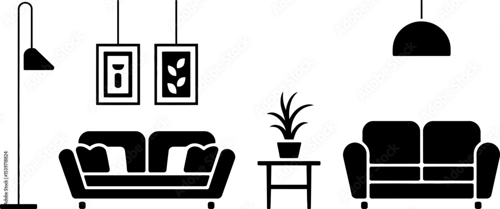 Illustration of a living room with two sofas, a floor lamp, and decorative wall art in black and white Illustration of a living room with two sofas, a floor lamp, and decorative wall art in black and white