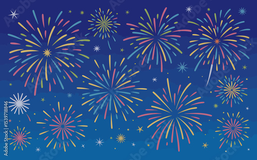 A Festive Digital Illustration of Colorful Fireworks Exploding in the Night Sky