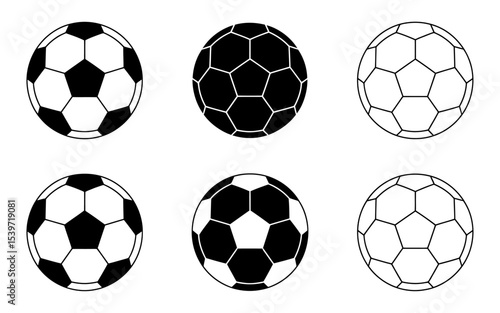 A Set of Six Black and White Soccer Balls  Vector Illustrations for Design Projects