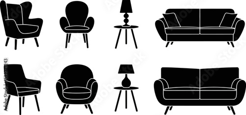 Black furniture silhouettes featuring sofas armchairs and tables with lamps in a simple vector style
