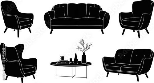 A monochrome illustration featuring two sofas, two armchairs, a table, and a wingback chair