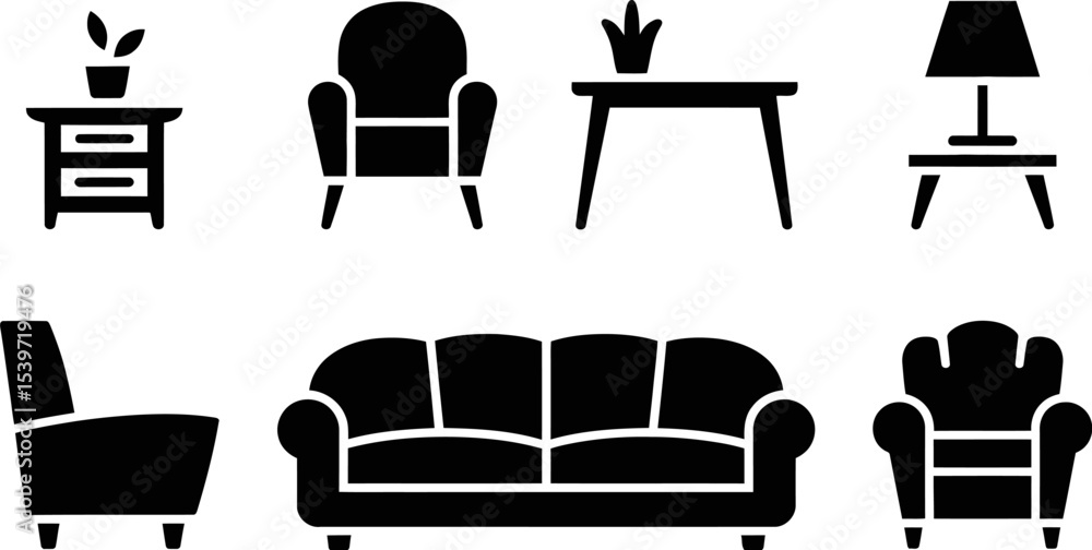 A collection of black and white furniture icons including sofas chairs tables and a lamp on a white background A collection of black and white furniture icons including sofas chairs tables and a lamp on a white background