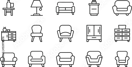 A collection of furniture icons including chairs sofas tables and cabinets in a line art style design