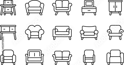 Line art icons depicting various furniture pieces including sofas chairs and cabinets in a grid layout