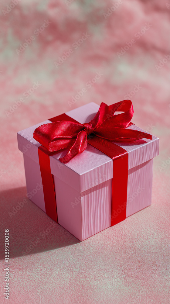 Fototapeta premium Pink colored gift box with a red bow on a pink background