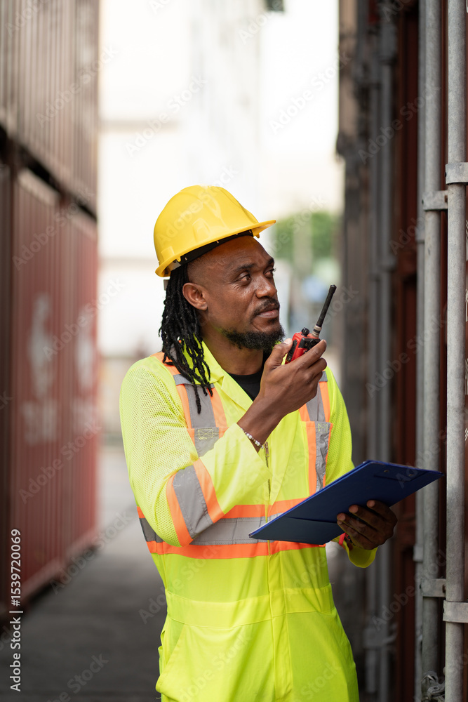 African worker working with use clipboard and walkie talkie checking container at container site African worker working with use clipboard and walkie talkie checking container at container site