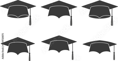 A graphic illustration of six graduation caps arranged on a white background in a symmetrical pattern