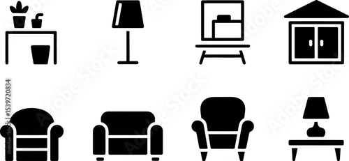 Illustration of interior furniture including chairs tables lamps and a cabinet in black and white