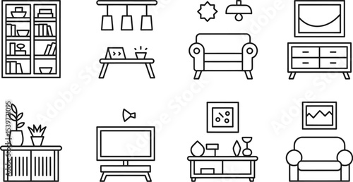 A collection of line art illustrations depicting furniture and home decor elements in black and white