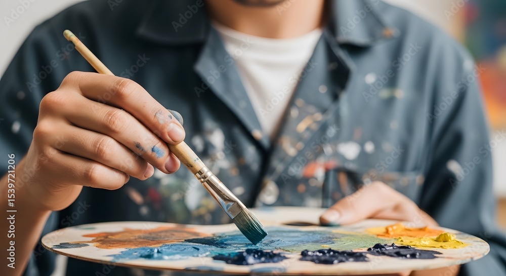 Fototapeta premium Close-Up of Artist's Hand Mixing Blue and Orange Acrylic Paint on a Wooden Palette