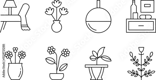 Line art depicting furniture and plants including a bed, vase, and bedside table in black and white