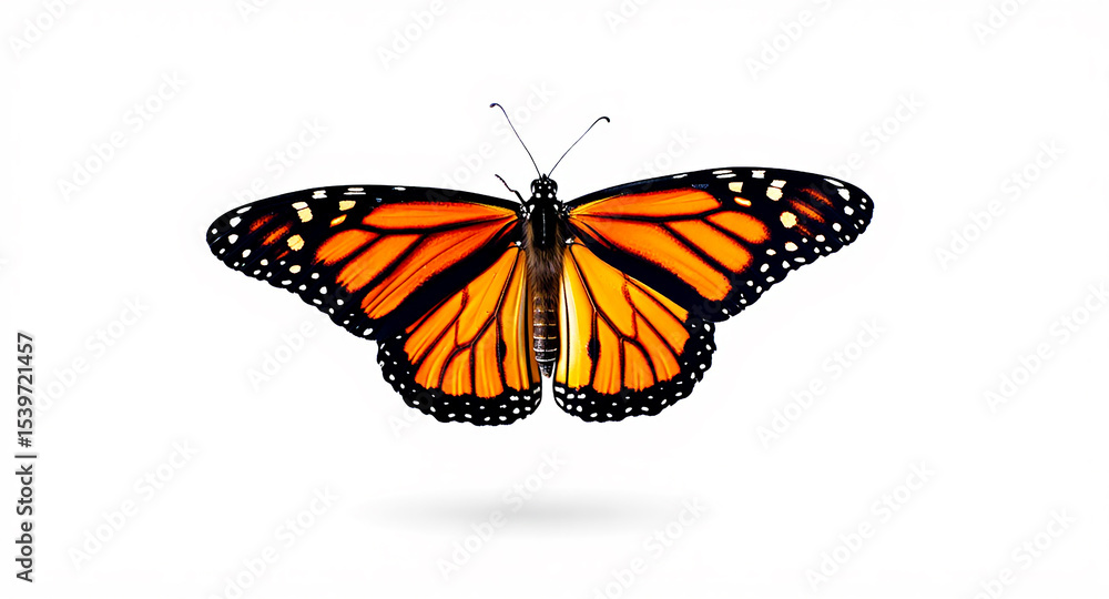Butterfly isolated on white background with orange and black wings flying close up. Butterfly isolated on white background with orange and black wings flying close up.