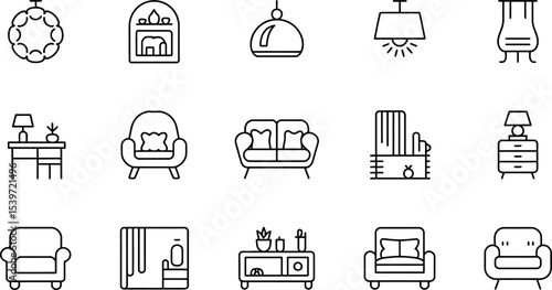 Collection of line art icons depicting various furniture and decorative items for home interiors design