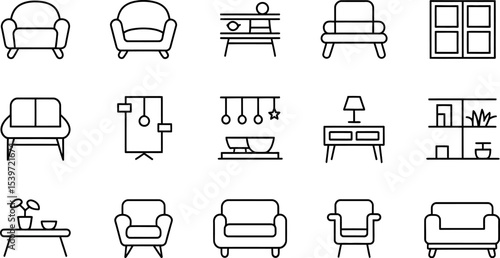 Line art illustrations of furniture and home decor items in a grid arrangement on a white background