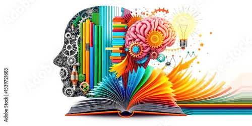 A Vivid Depiction of Knowledge and Creative Thinking with Gears, Books, and a Brain Radiating Intellect
