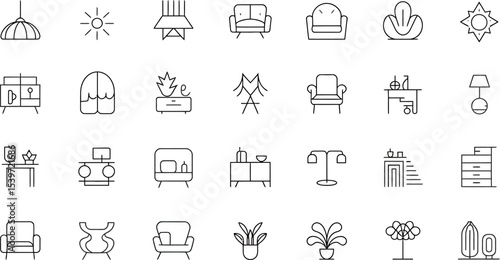 Line art illustration featuring a collection of furniture and decor elements in a minimalist style