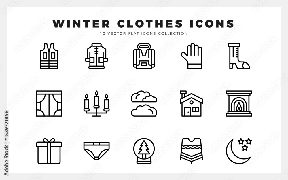 Fototapeta premium 15 Winter Clothes Lineal icons pack. vector illustration.