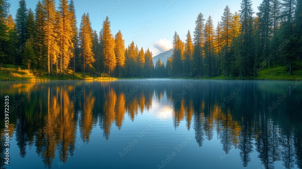 Fototapeta premium Golden sunlight filters through tall pine trees, mirroring their beauty on the calm lake water at dawn