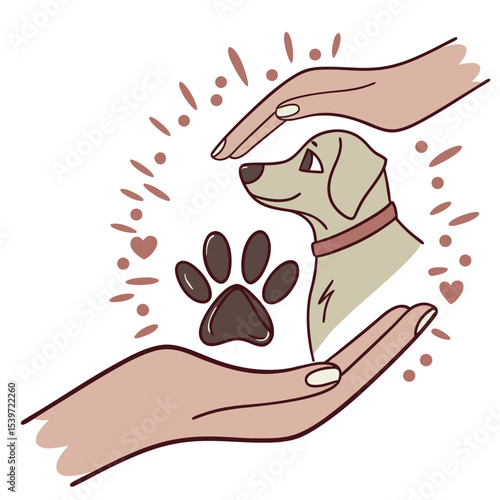 Dog and Paw in Caring Hands Pet Adoption Animal Rescue Veterinary Concept Illustration