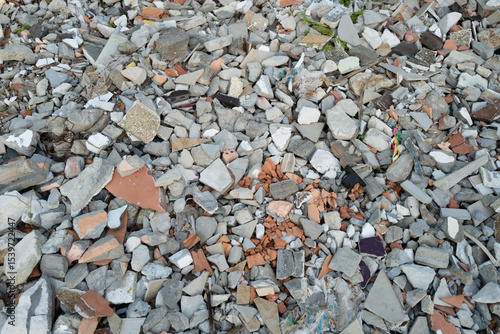 Tableau sur toile Close-up of scattered construction debris, rubble and broken bricks