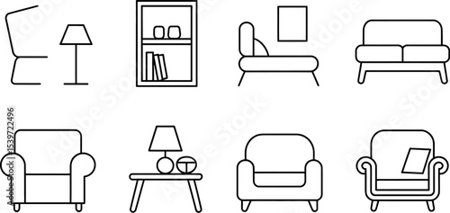 Line art illustration of living room furniture including sofas chairs tables and a bookshelf isolated