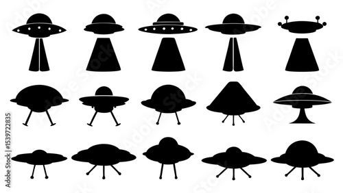 UFO set silhouettes on tranparent background