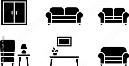 A collection of black furniture icons including sofas chairs and a cabinet in a simple arrangement