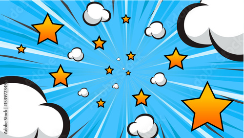 Colorful Comic Style Background With Stars and Clouds Against Blue Rays