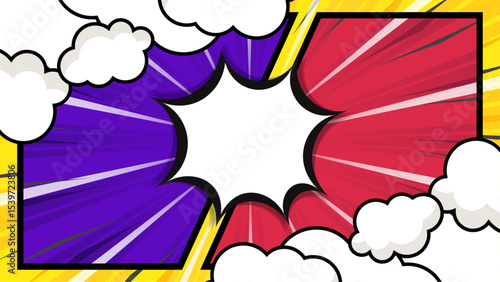 Colorful Comic Style Design with Clouds and Central Blast Effect