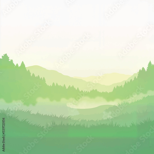 Serene morning mist over lush meadow landscape, tranquil awakening