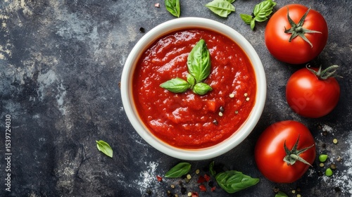 a bowl of red sauce is displayed on a dark, textured surface, garnished with a few fresh leaves on top. three whole, bright red, produce sit next to the bowl, also accompanied by fresh leaves